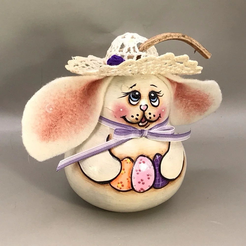 Painted‎ Gourd Bunny Rabbit Felt Ears Signed
